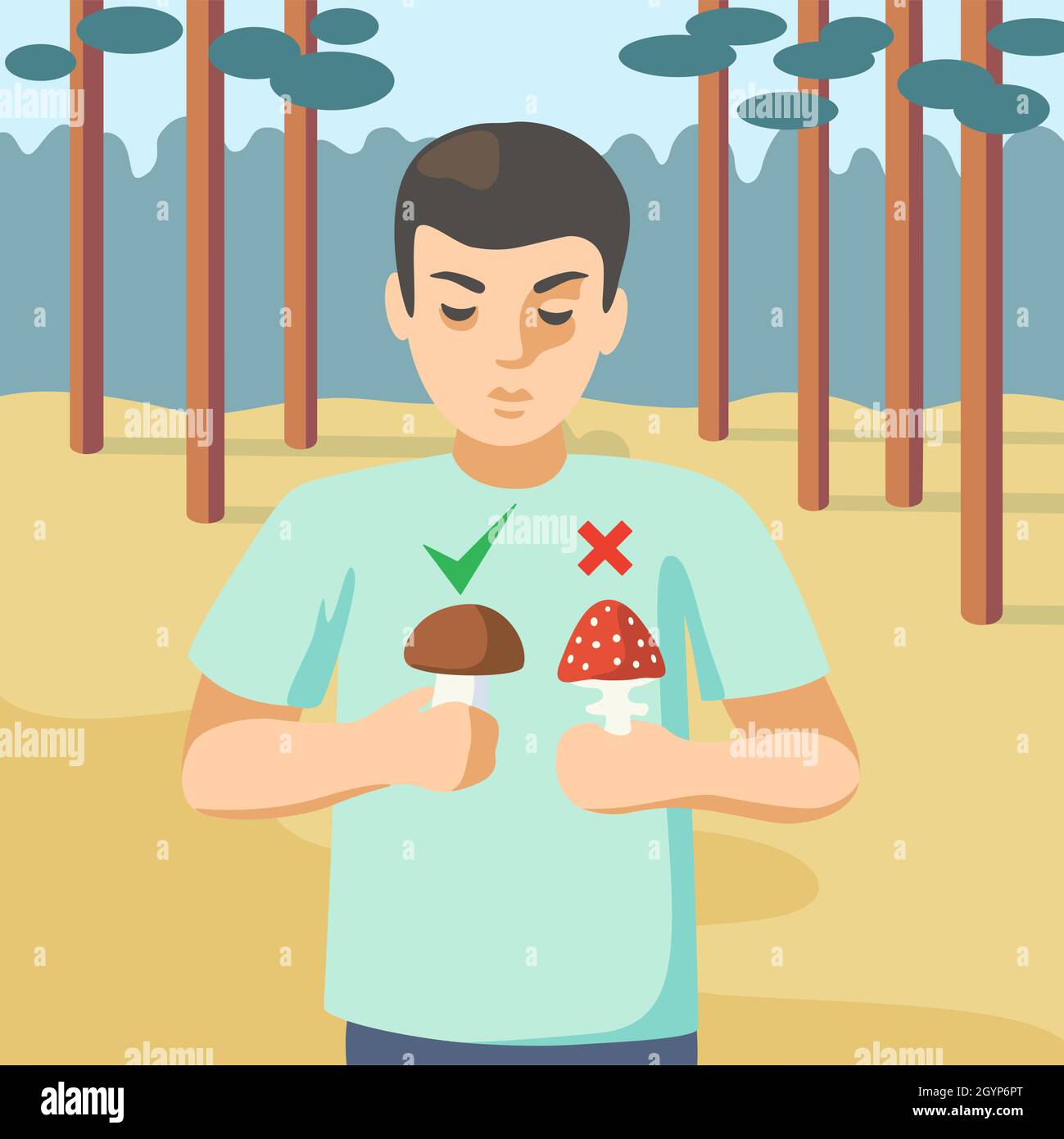 Ein junger Mann im Wald hält in der einen Hand einen giftigen Pilz, in der anderen einen essbaren Pilz. Stock Vektor