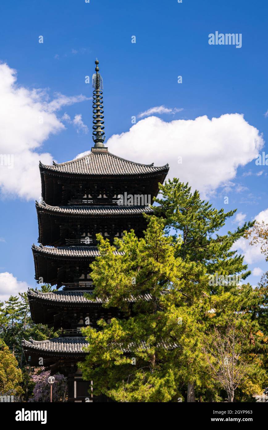 Blick auf die fünfstöckige Pagode des Kofukuji-Tempels in Nara. Japan Stadtbild der zweithöchsten hölzernen Pagode. Berühmte historische Denkmäler der alten Nara Stockfoto