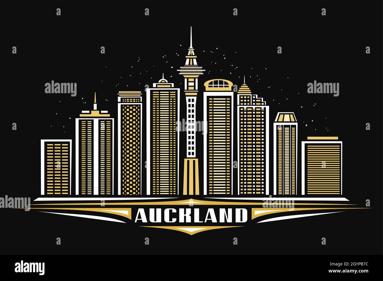 Vektor-Illustration von Auckland, schwarzes horizontales Poster mit linearem Design beleuchtete auckland Stadtlandschaft, Urban Line Art Konzept mit dekorativem le Stock Vektor