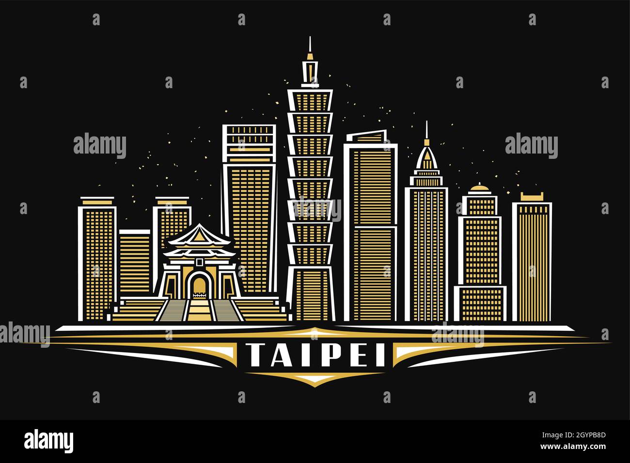 Vektor-Illustration von Taipei, horizontales Poster mit linearem Design beleuchtet taipei Stadtbild auf Dämmerung Himmel Hintergrund, asiatische städtische Linie Kunst Konzept Stock Vektor