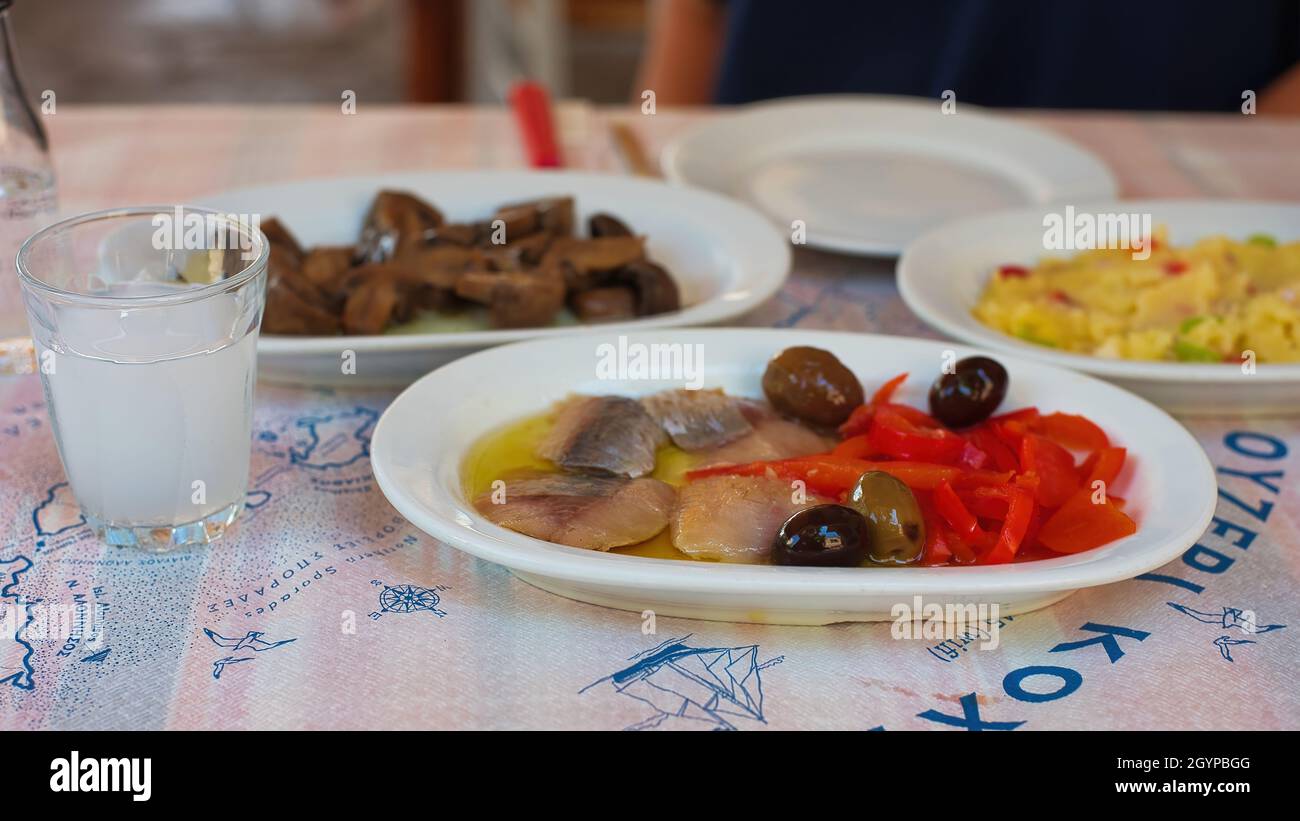 Meeresfrüchte-Vorspeisen im griechischen Restaurant Tsipouro - Ouzo, Tintenfisch, Fisch, Tintenfisch, Oliven. Tsipouradiko traditionell. Griechenland Volos Stockfoto