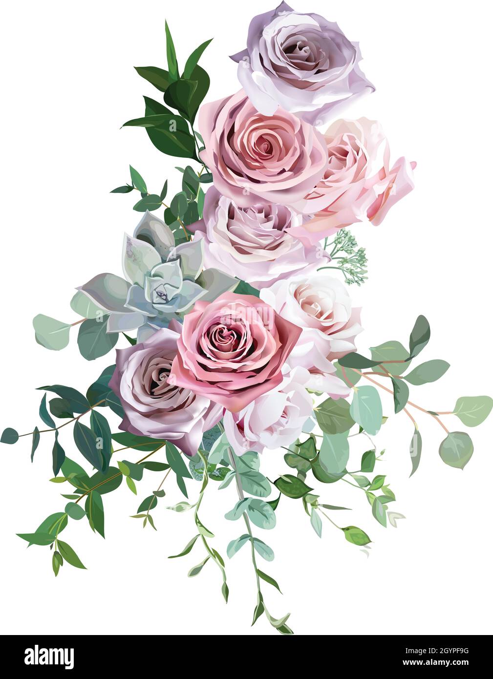 Vektor Blumenstrauß Set, bearbeitbare Design-Elemente. Hellrosa Gartenkraut und Pfingstrosen, weiße Anemonblüten, zartes Grün Eukalyptus, Stock Vektor