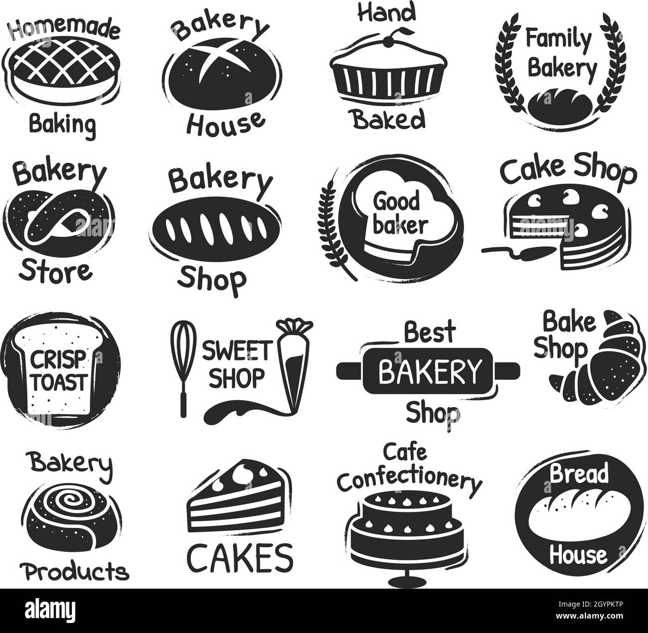 Logo für Bäckereihandschriften, Etiketten für Süßwaren und Desserts. Köstliche handgemachte Gebäck, Backprodukte Verpackung Stempel Design Vektor-Set. Logo der besten Bäckerei und des Süßwarenladens Stock Vektor