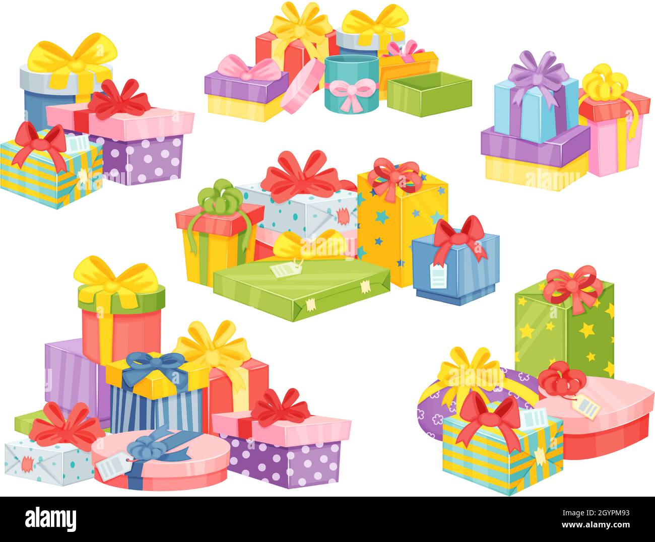 Weihnachtsgeschenke Stapel, Geburtstagsgeschenke-Box Stapel. Cartoon Berge von Geschenken, Stapel von eingewickelten Geschenkverpackungen mit Bändern Vektor-Set. Festliche, helle Stapel für eine Weihnachtsüberraschung oder ein Werbegeschenk Stock Vektor
