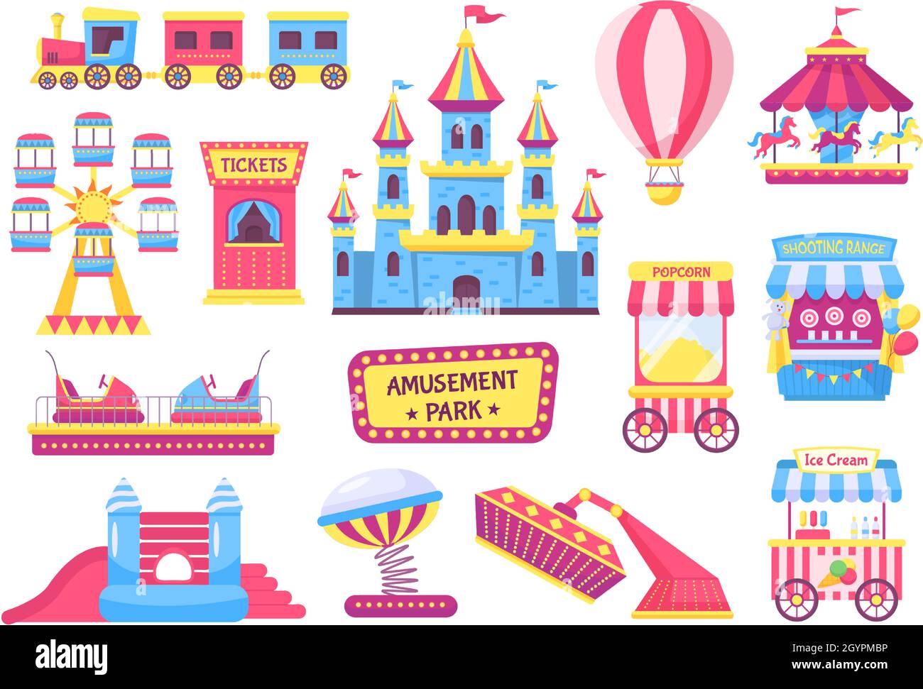 Vergnügungspark Elemente, Festival oder Karneval Fairground Spiele. Achterbahn, Zug, Karussell, Zirkuszelt, Messe Attraktionen Vektor-Set. Popcorn- und Eisdielen, fliegender Heißluftballon Stock Vektor