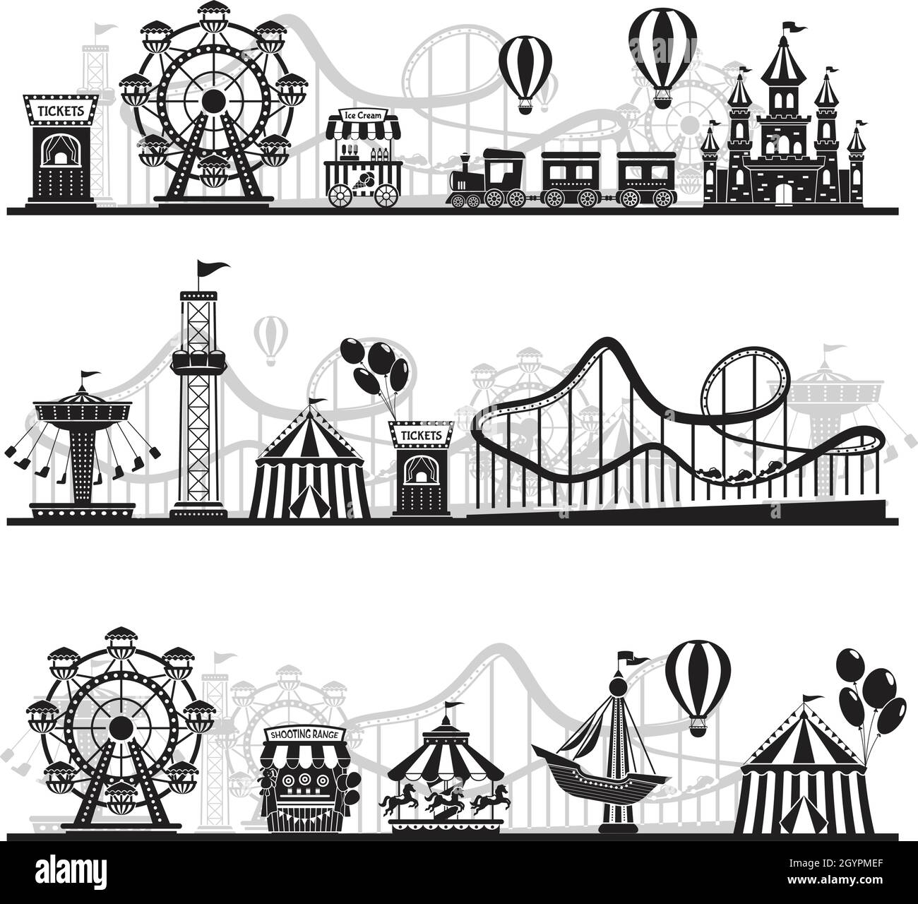 Vergnügungspark Landschaft Silhouette, Karneval Fairground Fahrten. Achterbahn, Karussell, horizontale Kirmes Attraktion Vektor Hintergrund gesetzt. Lustige und aufregende Freizeitunterhaltung Stock Vektor