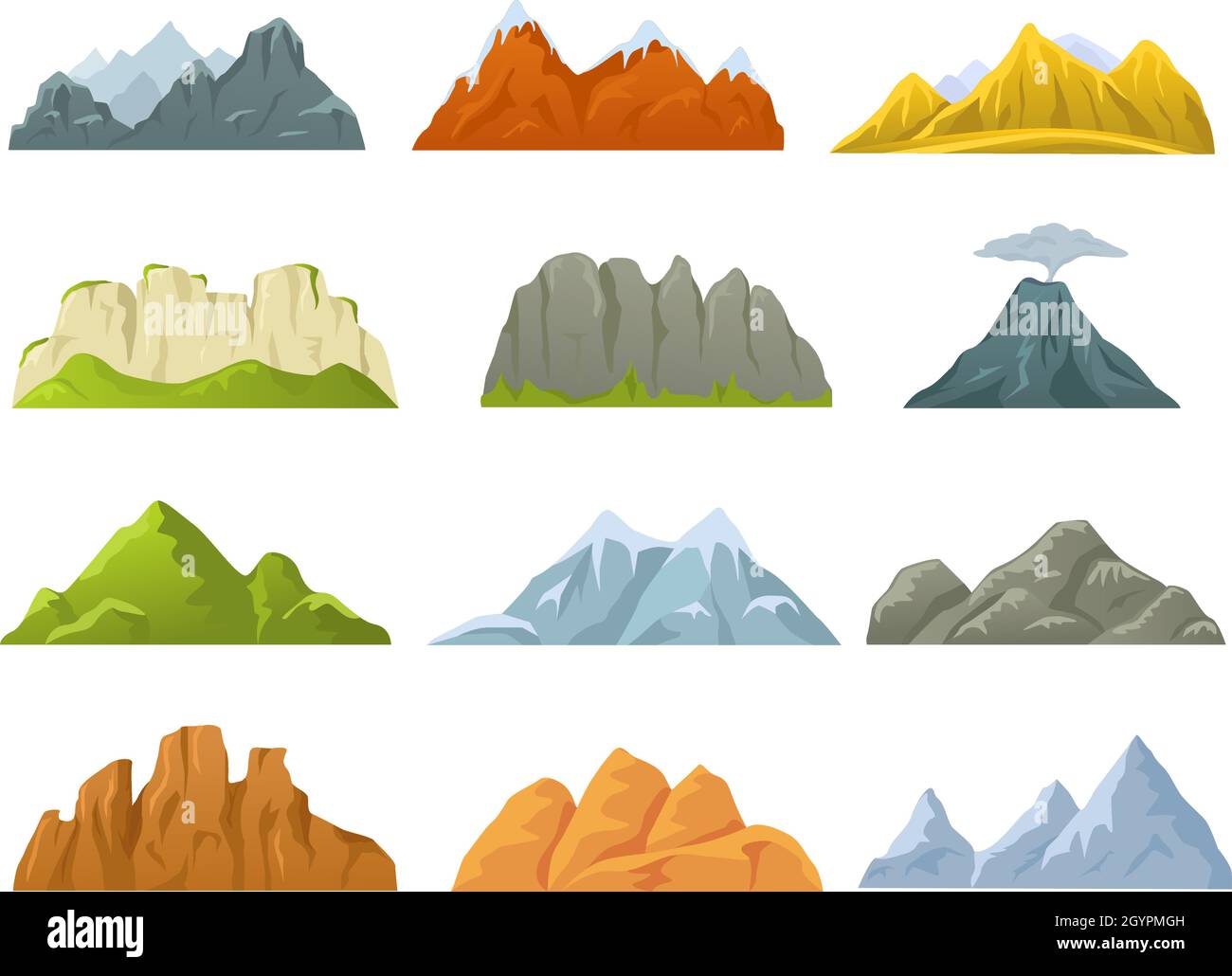 Cartoon Berge Grate, felsige Klippen, schneebedeckte Gipfel und Hügel. Steinklippe, Vulkan, Hügel, Berg Natur Spiel Design Elemente Vektor-Set. Felsige Landschaft von unterschiedlicher Form, Reisekonzept Stock Vektor