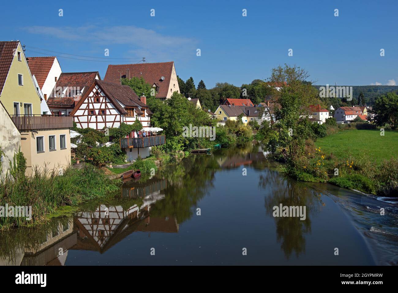 Blick auf die Stadt Harburg und die Wörnitz Stockfoto