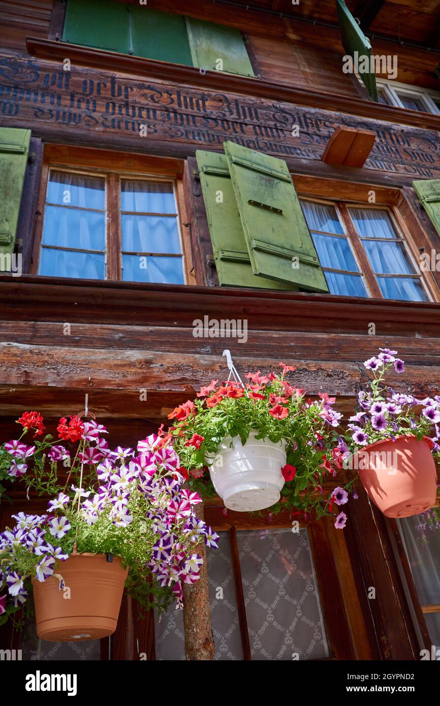 Blumengeschmückter Schweizer Chalet in Saanen Stockfoto