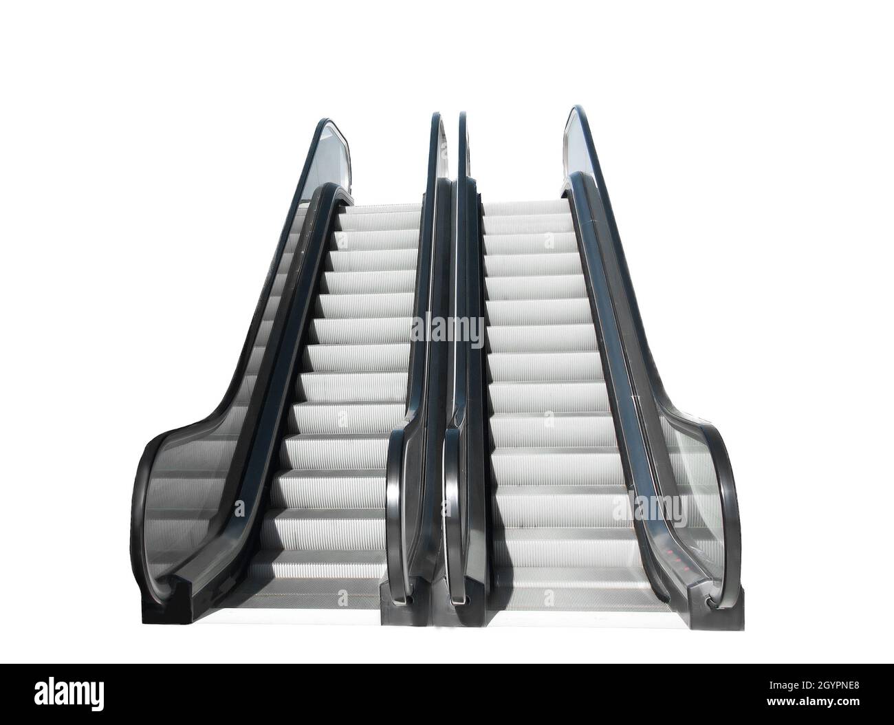 Vorderansicht von zwei modernen Rolltreppen isoliert auf weißem Hintergrund Stockfoto