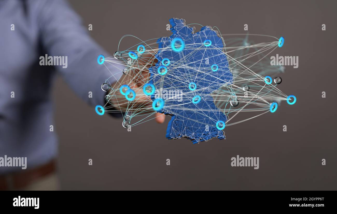 3D-Rendering der digitalen Deutschlandkarte mit männlichen Berührungen aus dem globalen 