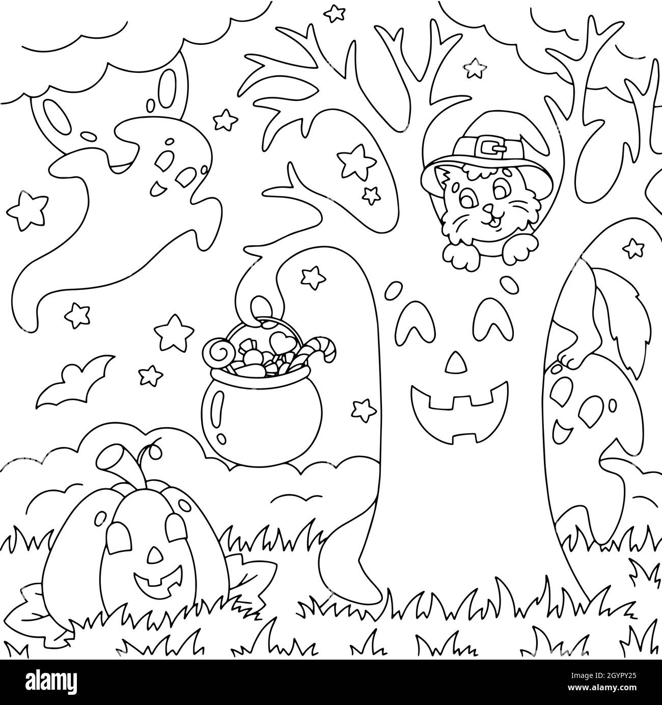 Treffen von Freunden. Katze, Kürbis, Geist, Zauberbaum. Malbuch Seite für Kinder. Halloween-Thema. Magische Kreaturen feiern den Feiertag. Vektor-Abb. Stock Vektor