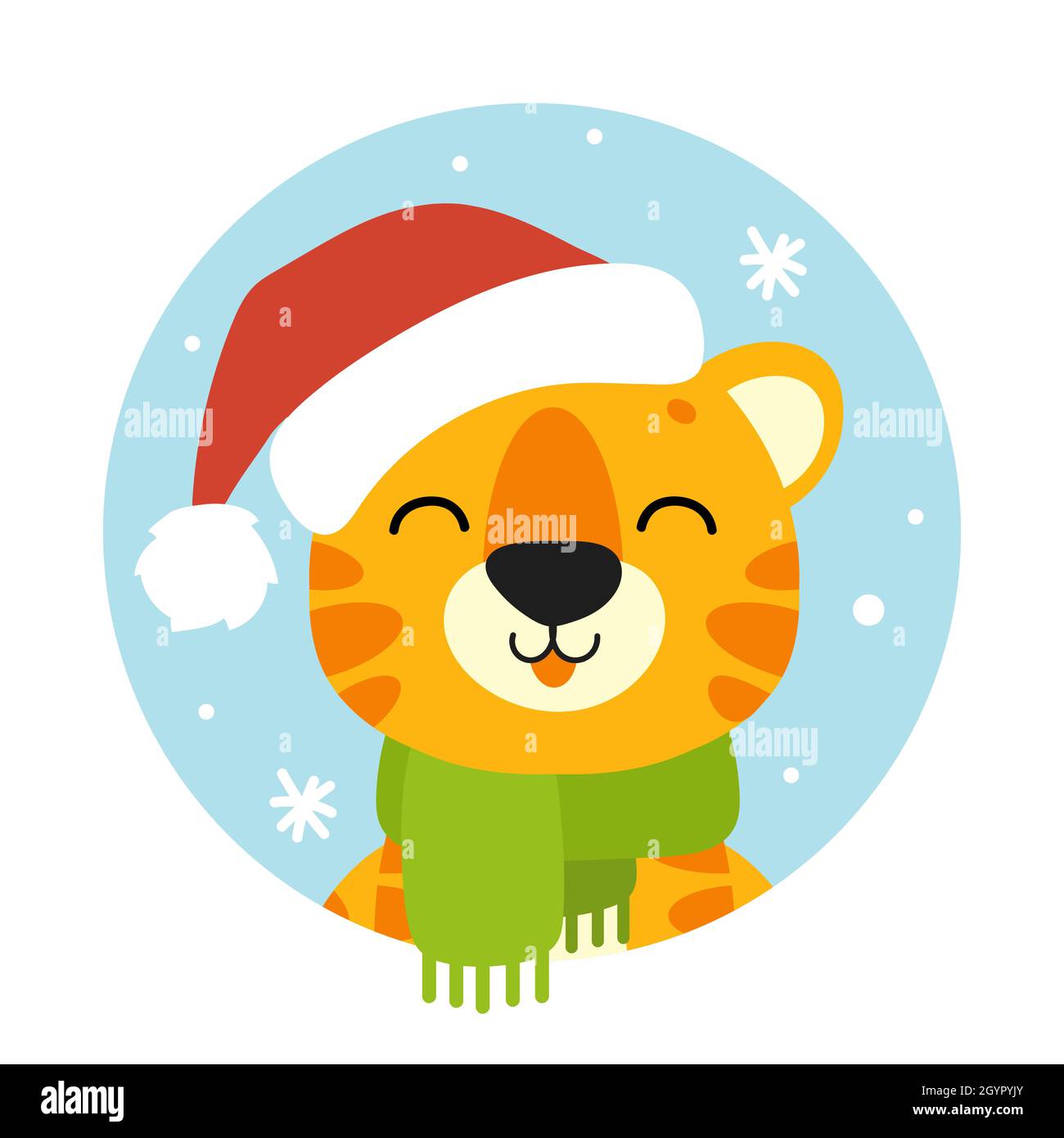 Tiger simbol in einem weihnachtsmütze. Zeichentrickfigur. Farbenfrohe Vektorgrafik. Isoliert auf farbigem Hintergrund. Designelement. Vorlage für Ihr Design, Stock Vektor