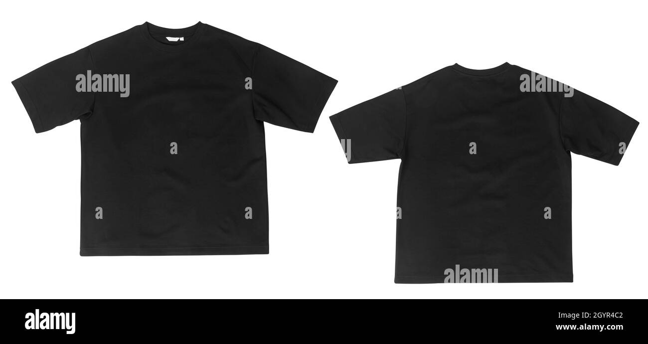 Blank schwarz Oversize T-Shirt Mockup vorne und hinten isoliert auf weißem Hintergrund mit Clipping-Pfad. Stockfoto