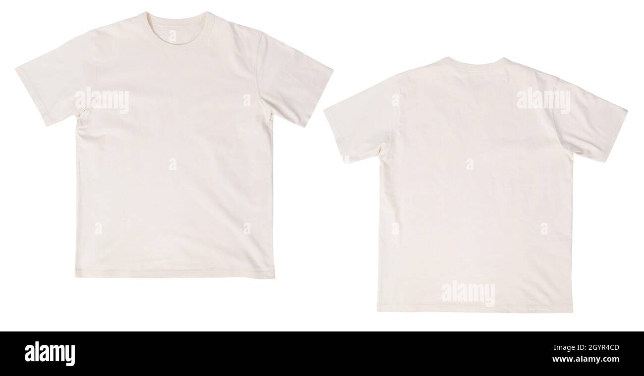 Blank beige T-Shirt Mockup vorne und hinten isoliert auf weißem Hintergrund mit Clipping Pfad. Stockfoto
