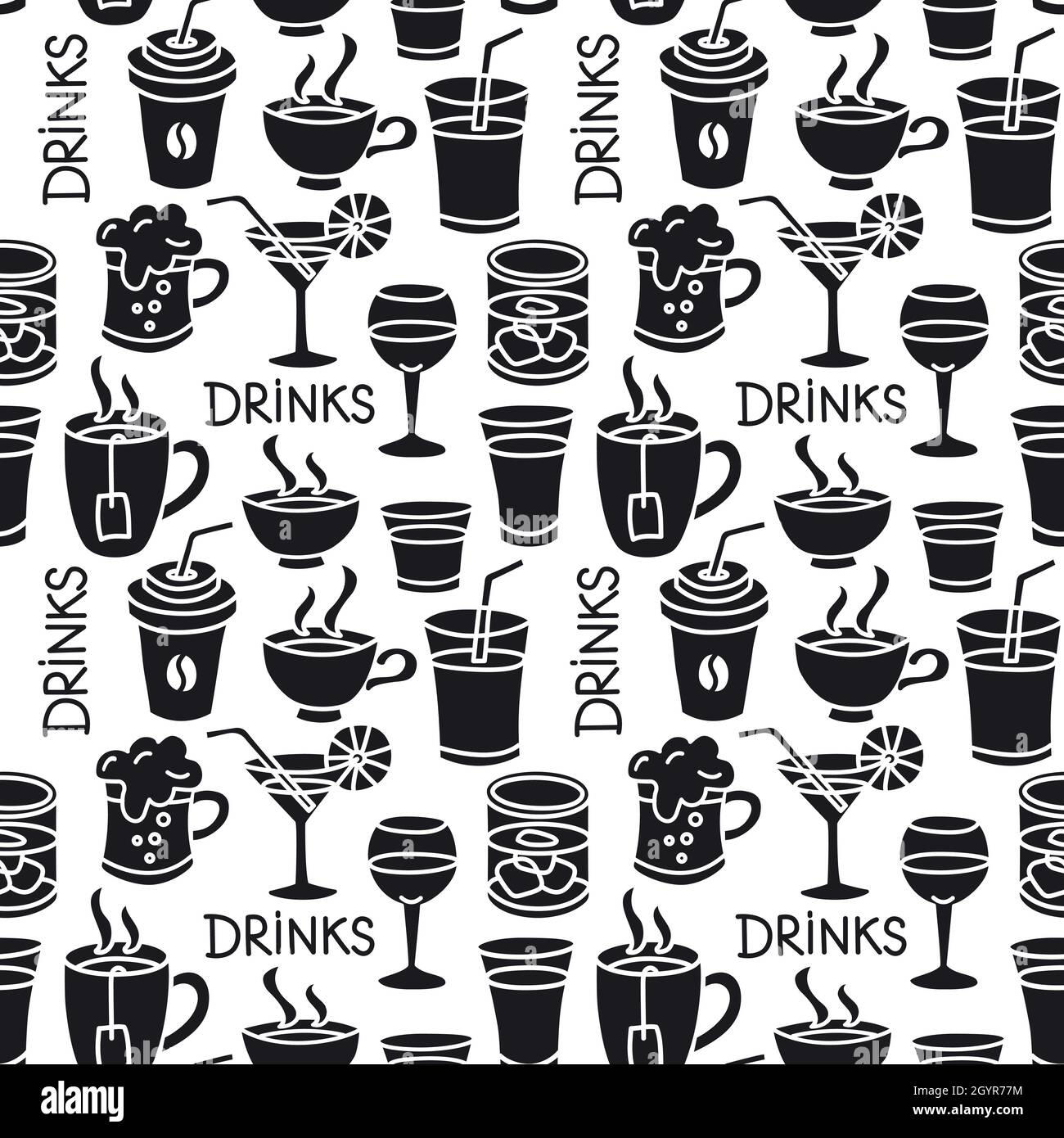 Illustration der Getränke nahtlose schwarze Muster Stock Vektor