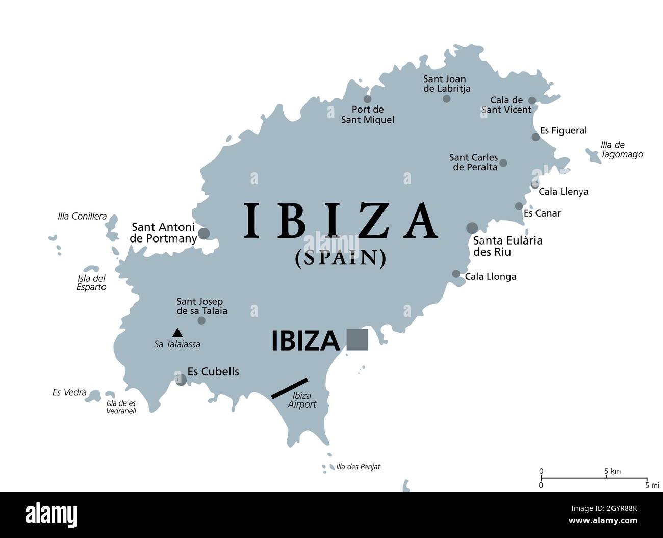 Ibiza, graue politische Landkarte. Teil der Balearen, einer Inselgruppe und autonomen Gemeinschaft Spaniens im Mittelmeer. Stockfoto