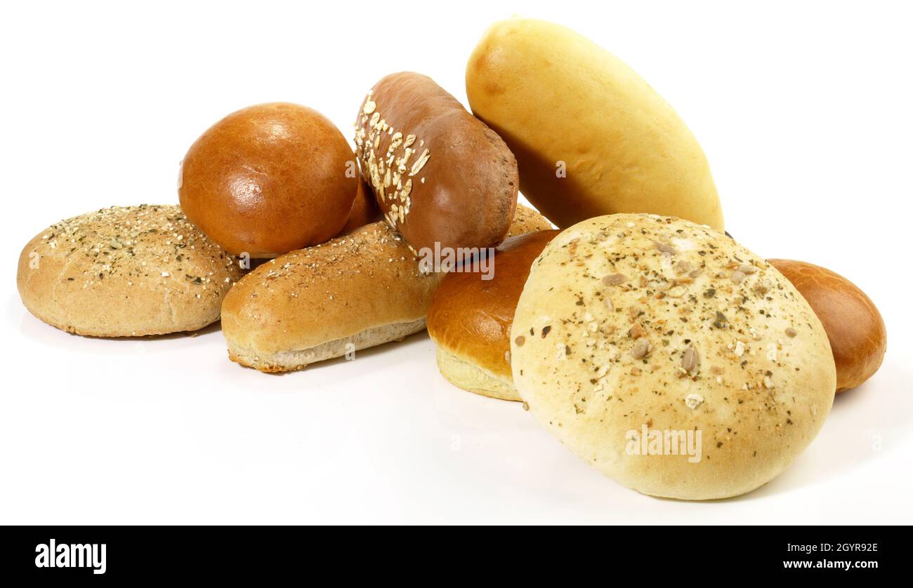 Verschiedene Brötchen für Hamburger und Hot Dogs isoliert auf weißem Hintergrund Stockfoto
