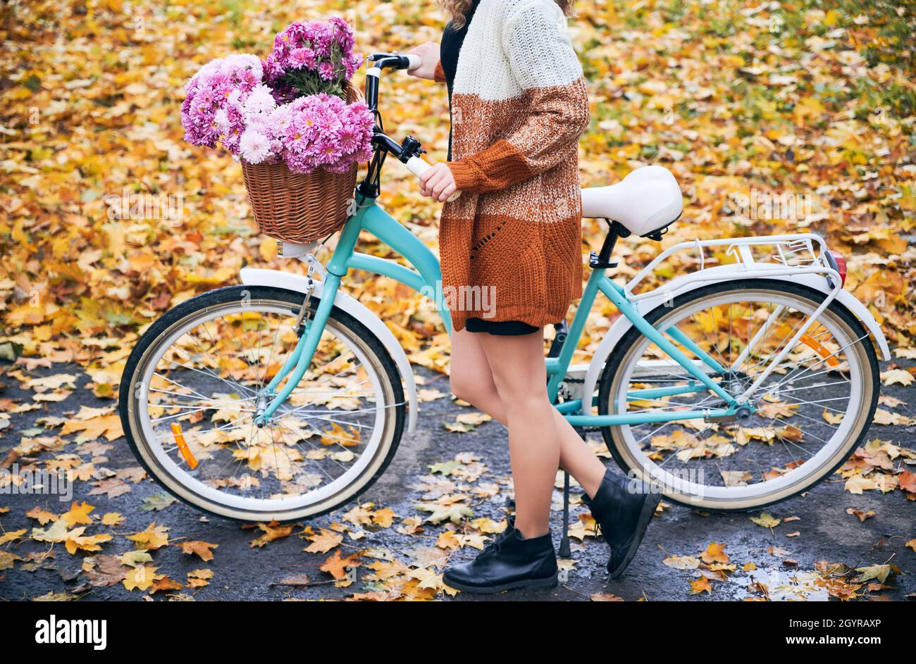 Seitenansicht des Retro-Damenfahrrads der Stadt mit rosafarbenen Blumen, die mit einem Korb aus Korbbraunem gefüllt sind. Cropped Mädchen halten Fahrrad auf Asphalt Weg auf dem Hintergrund der Lichtung, fast vollständig mit gefallenen Blättern bedeckt. Stockfoto