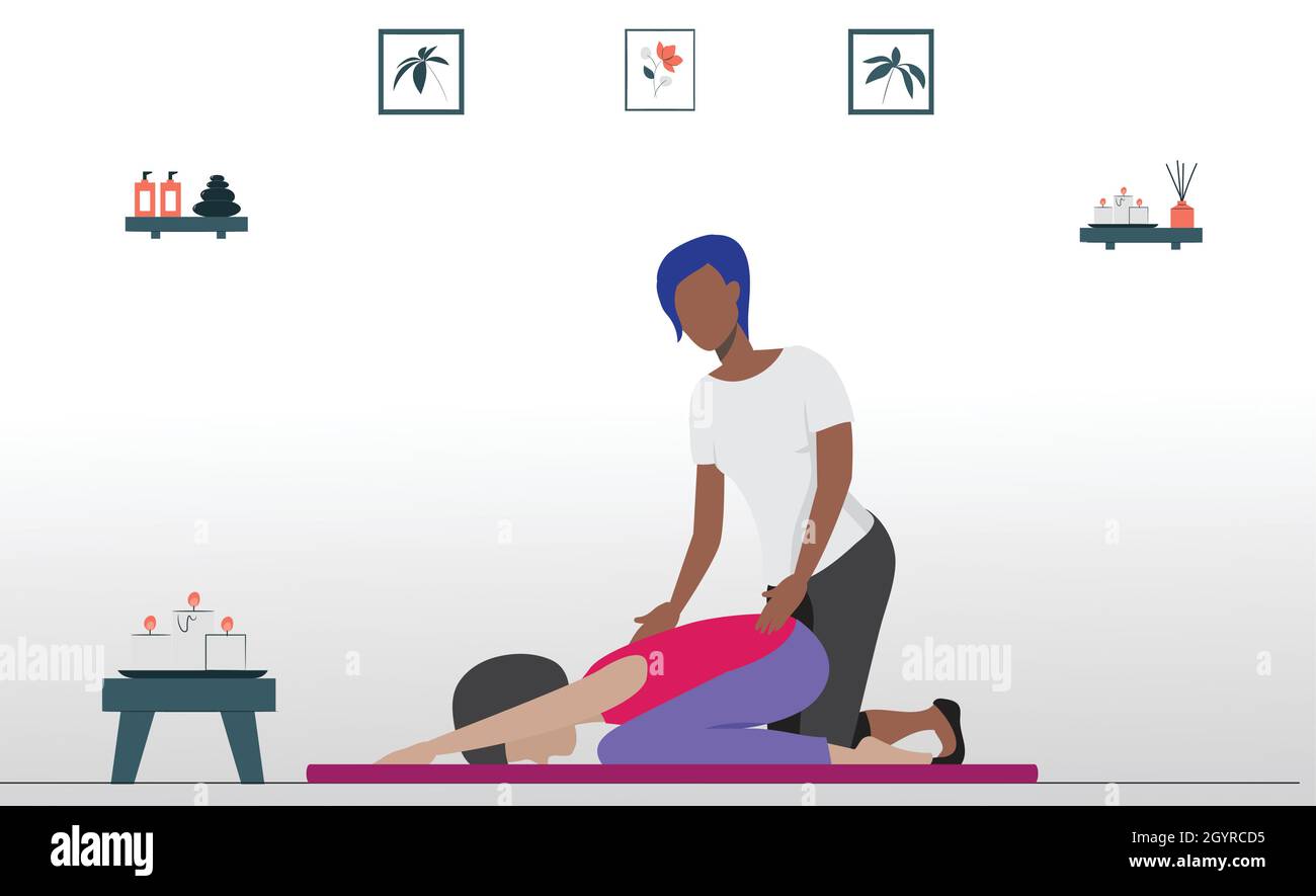 Eine Frau, die nach Entspannung sucht, illustriert in einer Abbildung der Spa-Massage. Stock Vektor