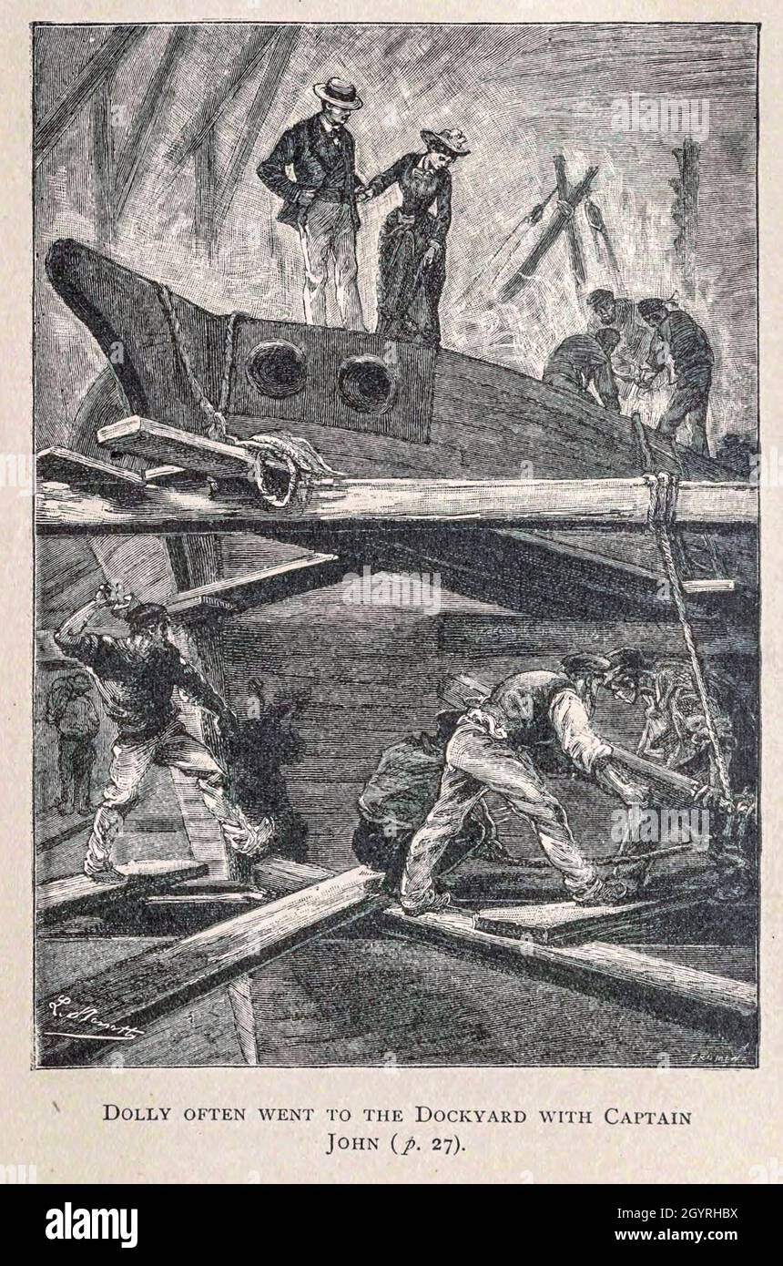 Dolly ging oft mit Kapitän aus dem Buch „Herrin Branican“ von Jules Verne zum Dockyard, illustriert von Leon Benet. Die Geschichte beginnt in den Vereinigten Staaten, wo die Heldin, Herrin Branican, nach dem Tod durch Ertrinken ihres jungen Sohnes einen Nervenzusammenbruch erleidet. Bei ihrer Genesung erfährt sie, dass ihr Mann, Captain Branican, auf See verloren gemeldet wurde. Nachdem sie ein Vermögen erworben hat, kann sie eine Expedition starten, um nach ihrem Mann zu suchen, von dem sie überzeugt ist, dass er noch lebt. Sie führt die Expedition selbst und der Trail führt sie ins australische Hinterland. Herrin Branican ( Stockfoto