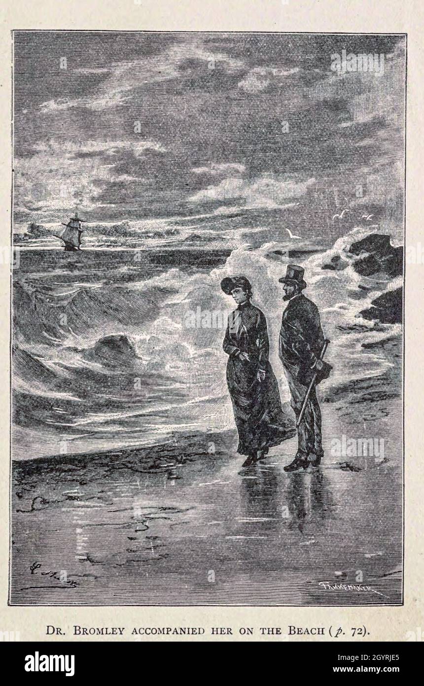 Dr. Bromley begleitete sie nach The Beach aus dem Buch ' Mistress Branican ' von Jules Verne, illustriert von Leon Benet. Die Geschichte beginnt in den Vereinigten Staaten, wo die Heldin, Herrin Branican, nach dem Tod durch Ertrinken ihres jungen Sohnes einen Nervenzusammenbruch erleidet. Bei ihrer Genesung erfährt sie, dass ihr Mann, Captain Branican, auf See verloren gemeldet wurde. Nachdem sie ein Vermögen erworben hat, kann sie eine Expedition starten, um nach ihrem Mann zu suchen, von dem sie überzeugt ist, dass er noch lebt. Sie führt die Expedition selbst und der Trail führt sie ins australische Hinterland. Herrin Branican (Frenc Stockfoto