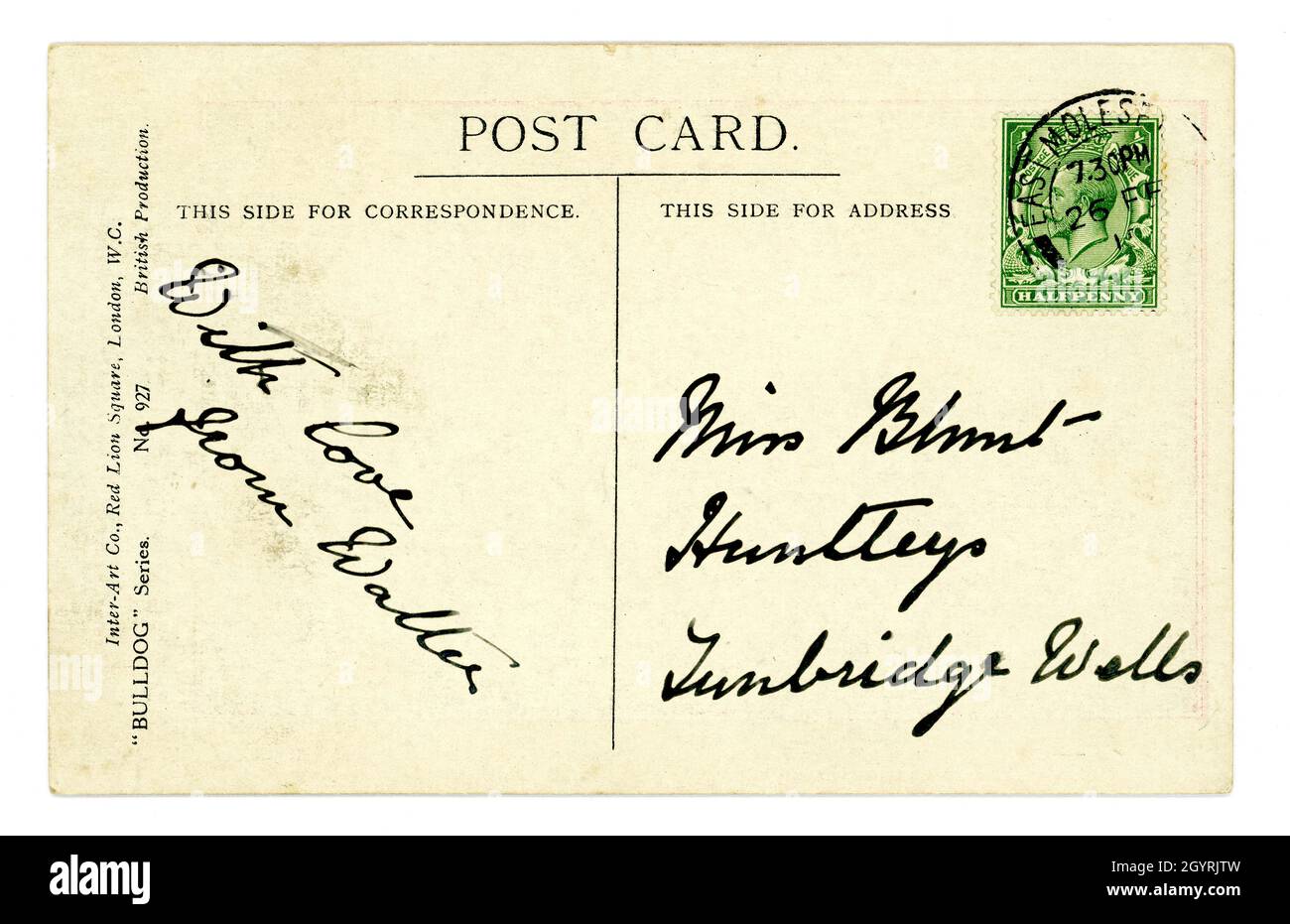 Rückseite der ursprünglichen Postkarte aus dem Jahr WW1, postal verwendet, um 1915, frankierte grüne King George V 1/2 D-Marke (halber Pence / Penny), Großbritannien Stockfoto