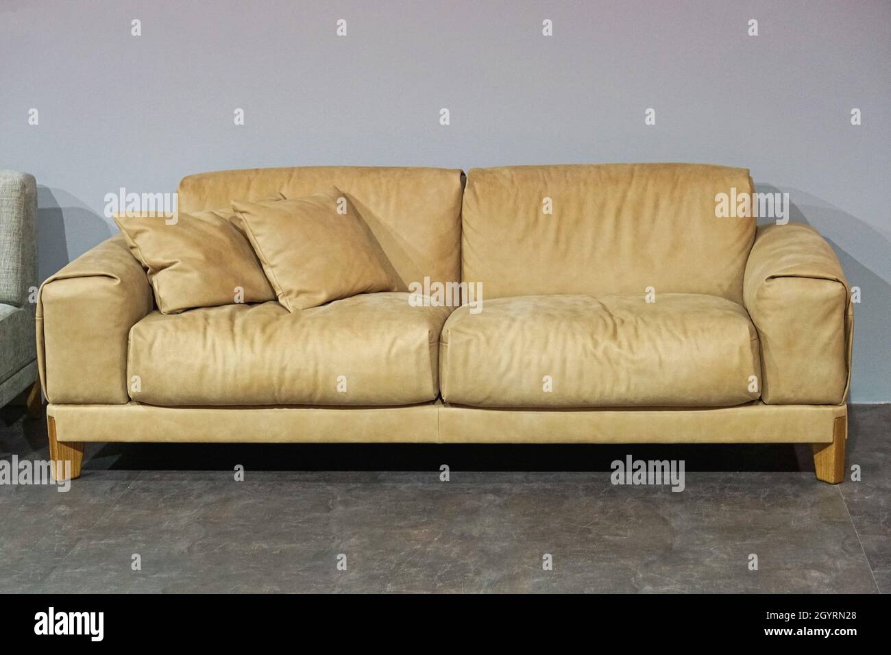 Modernes beigefarbenes Sofa mit zwei Kissen im Wohnzimmer Stockfoto