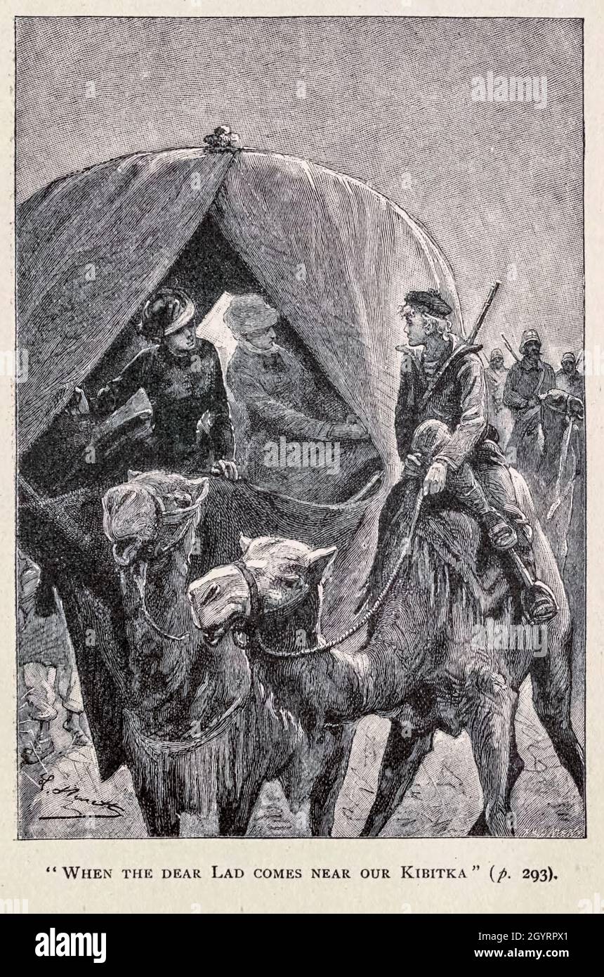 Als der liebe Bursche unserem Kibitka aus dem Buch ' Herrin Branican ' von Jules Verne, illustriert von Leon Benet, nahe kommt. Die Geschichte beginnt in den Vereinigten Staaten, wo die Heldin, Herrin Branican, nach dem Tod durch Ertrinken ihres jungen Sohnes einen Nervenzusammenbruch erleidet. Bei ihrer Genesung erfährt sie, dass ihr Mann, Captain Branican, auf See verloren gemeldet wurde. Nachdem sie ein Vermögen erworben hat, kann sie eine Expedition starten, um nach ihrem Mann zu suchen, von dem sie überzeugt ist, dass er noch lebt. Sie führt die Expedition selbst und der Trail führt sie ins australische Hinterland. Herrin Branican (Frenc Stockfoto