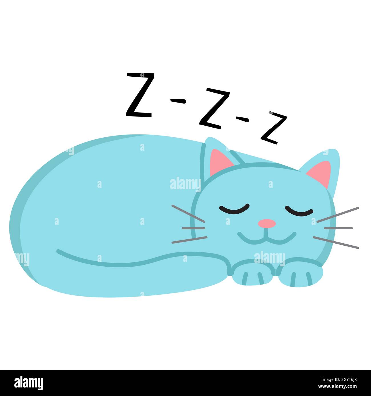 Lustige Cartoon schlafende Katze, niedliche Vektor-Illustration in flachem Stil. Blaue Katze. Lächelndes fette Kätzchen. Positiver Druck für Aufkleber, Karten, Kleidung, Textilien, Stock Vektor