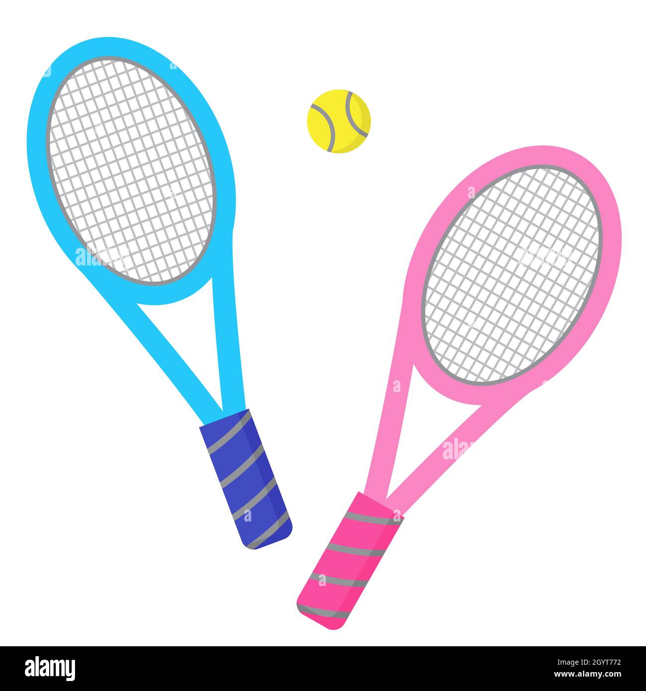Zwei Tennisschläger und Ball. Set für Sport-Spiel zu spielen. Große Tennisschläger im einfachen flachen Stil. Illustration für Bücher, Zeitschriften, Sportgeschäfte. Handeln Stock Vektor