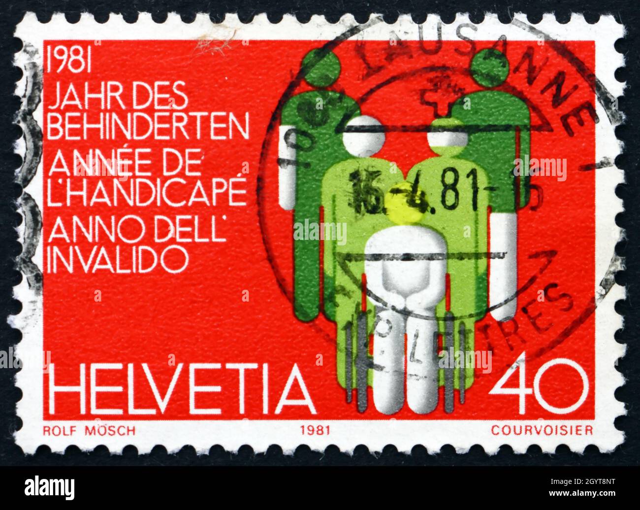 SCHWEIZ - UM 1981: Eine in der Schweiz gedruckte Marke, die dem Internationalen Jahr der Behinderten gewidmet ist, um 1981 Stockfoto
