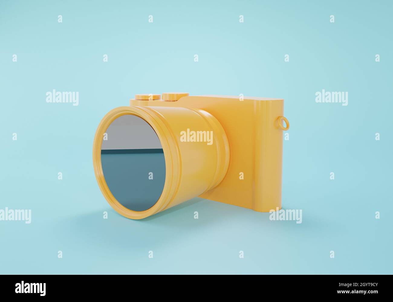 Spiegellose 3D-Darstellung der Kamera. Digitale gelbe Fotokamera auf blauem Hintergrund. 3D-Rendering minimal ein Konzept zum Fotografierung Stockfoto
