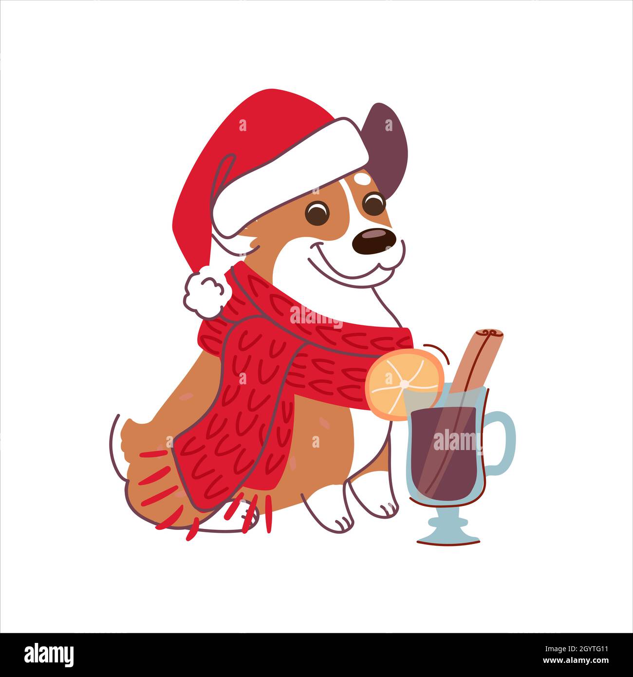 Weihnachtliche Illustration eines Corgis mit einem Glas Glühwein. New Years Hund im Cartoon-Stil auf weißem Hintergrund. Vektor Stock Vektor