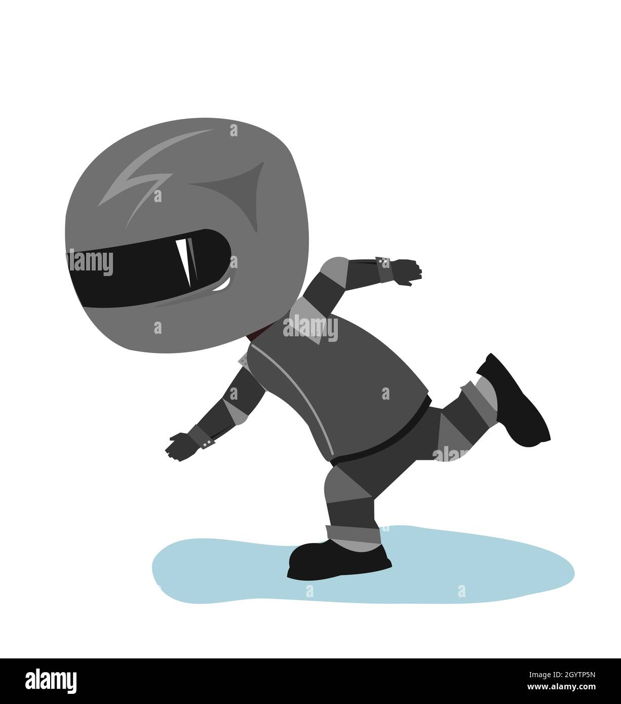 Motorradfahrer in einer schwarzen Jacke und Helm. Läuft zu Fuß. Biker-Uniform. Cartoon-Stil. Witziger Charakter. Flaches Design. Isoliert auf weißem Hintergrund Stock Vektor