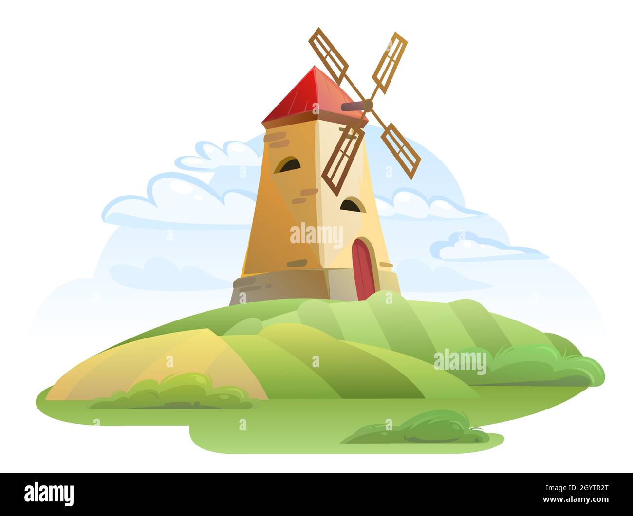 Windmühle. Garten und sanfte Hügel. Ländliche Farmlandschaft mit Sommerwolken. Niedliche lustige Cartoon-Design Illustration. Isoliert auf weißem Hintergrund Stock Vektor