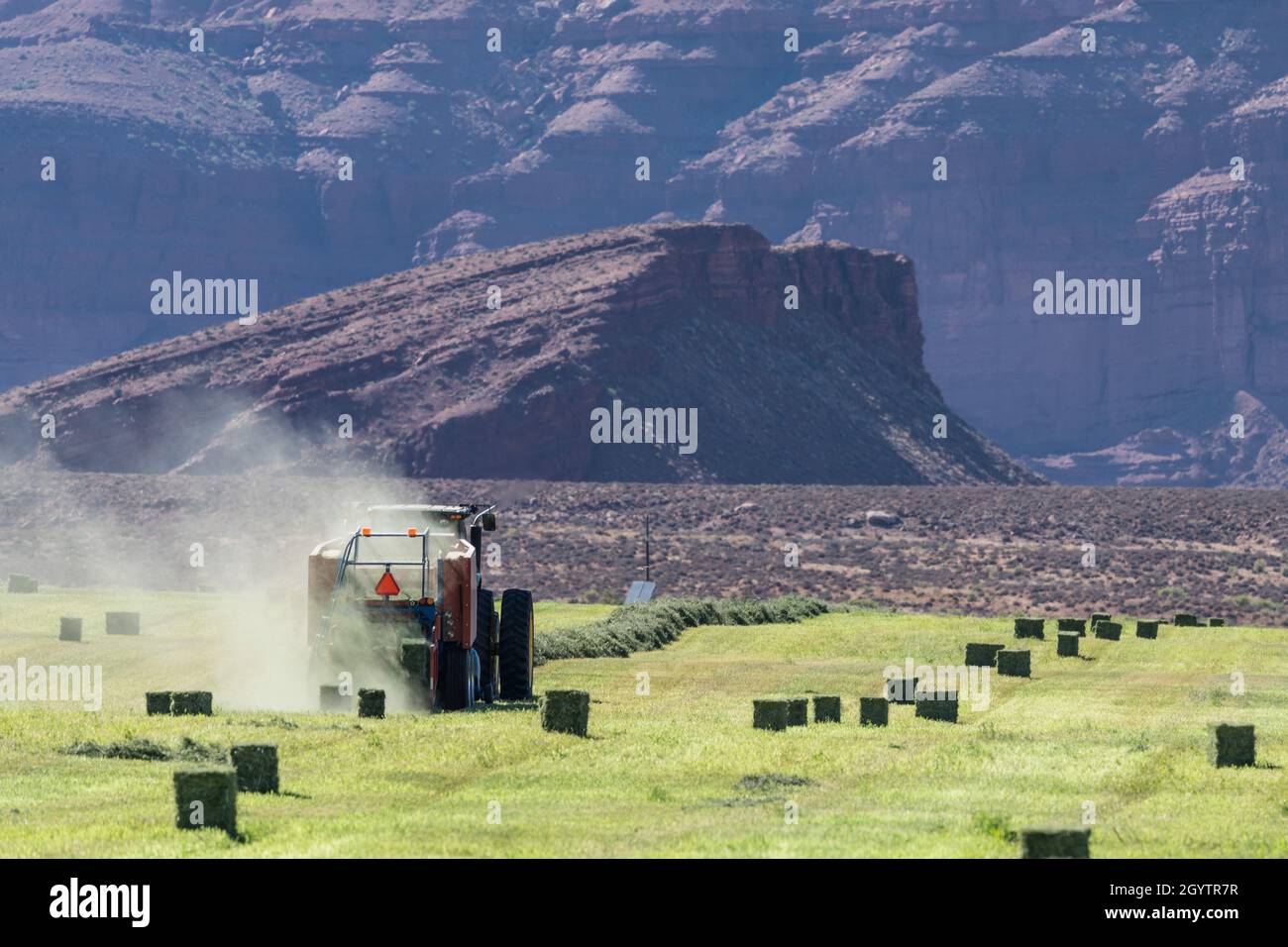 Heuballenpressen mit einem John Deere Traktor 7930 und einer GPT Twin Pak Ballenpresse auf einer Ranch im Süden von Utah. Stockfoto
