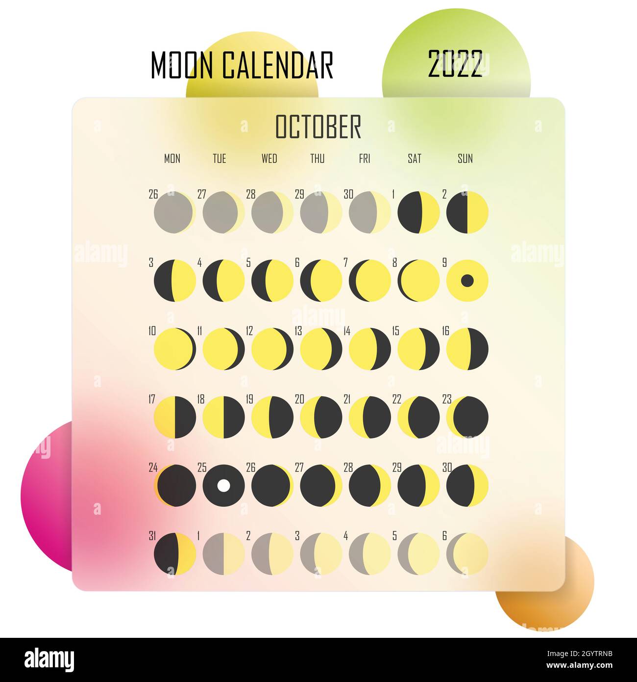 Oktober 2022 Mondkalender. Astrologisches Kalenderdesign. planer. Platz für Aufkleber. Modell des Monatszyklus-Planers. Isolierte bunte Glasmorphismus Stock Vektor