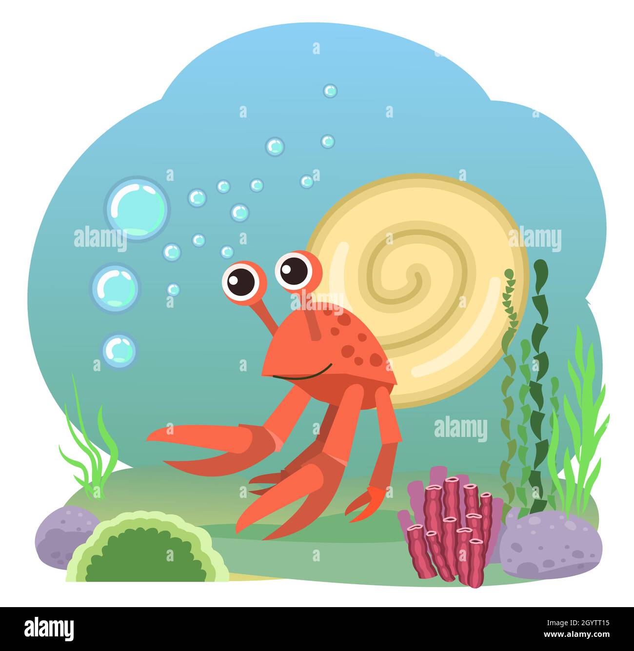 Krebseinsiedler. Kleine Landschaft. Unterwasserwelt. Wilde Tiere. Meer, Meer. Sommerwasser. Isoliert auf weißem Hintergrund. Illustration im Cartoon-Stil Stock Vektor