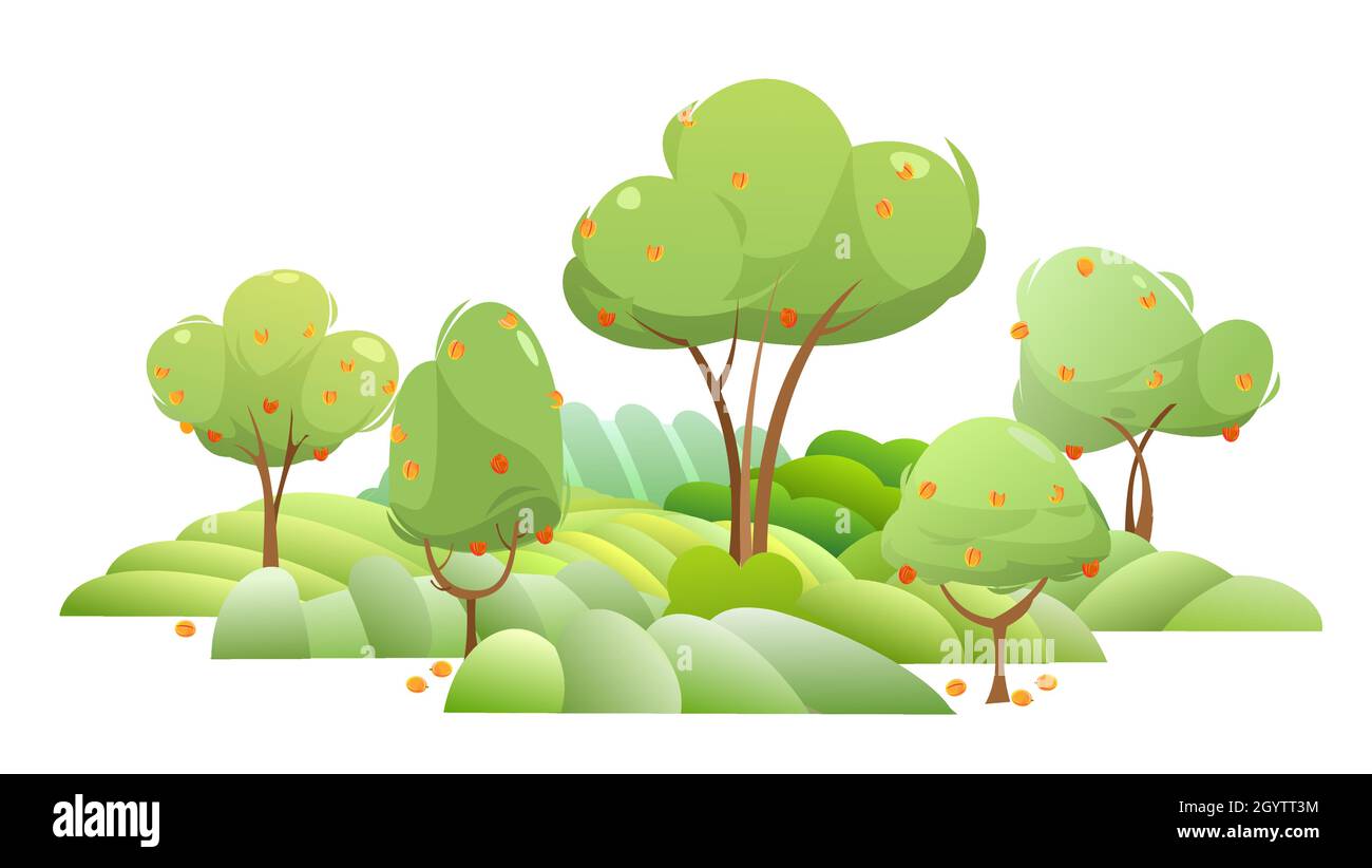 Garten und sanfte Hügel. Ländliche Landschaft mit Obstbäumen und Bauernhügeln. Reife Aprikose. Niedliche lustige Cartoon-Design Illustration. Flacher Style Stock Vektor