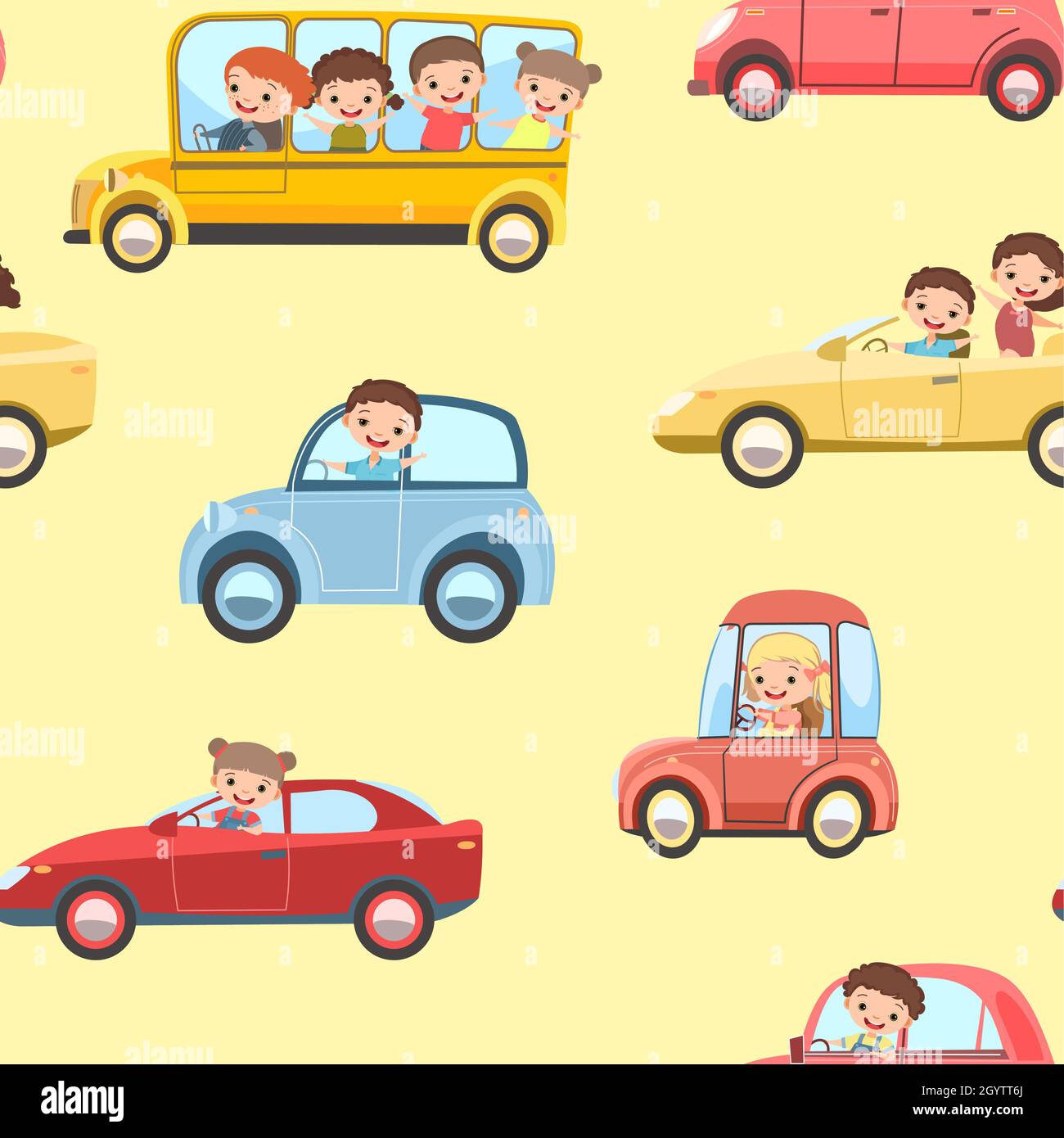 Kinder fahren Autos. Nahtloses Cartoon-Muster. Kinderfahrer. Hintergrunddarstellung für Kinder. Verschiedene Automobile. Spielzeugfahrzeug, Motor. Auto und Stock Vektor