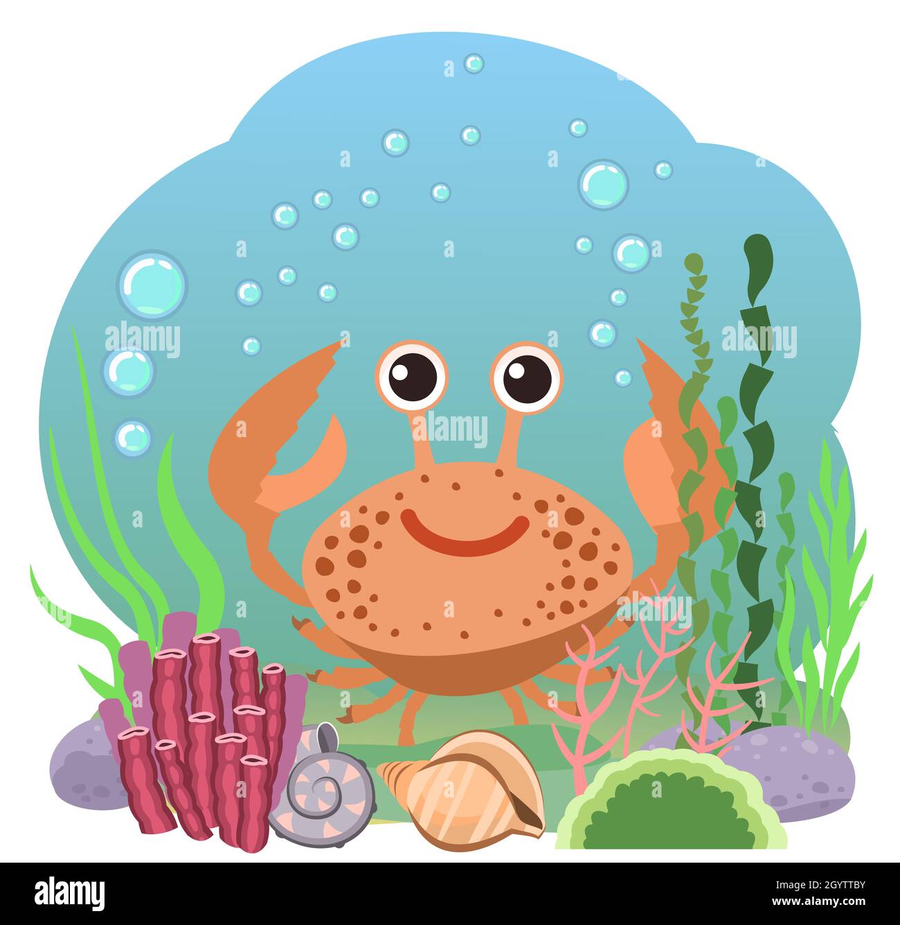 Kleine Landschaft. Krabbe. Unterwasserwelt. Wilde Tiere. Meer, Meer. Sommerwasser. Isoliert auf weißem Hintergrund. Illustration im Cartoon-Stil. Flach Stock Vektor