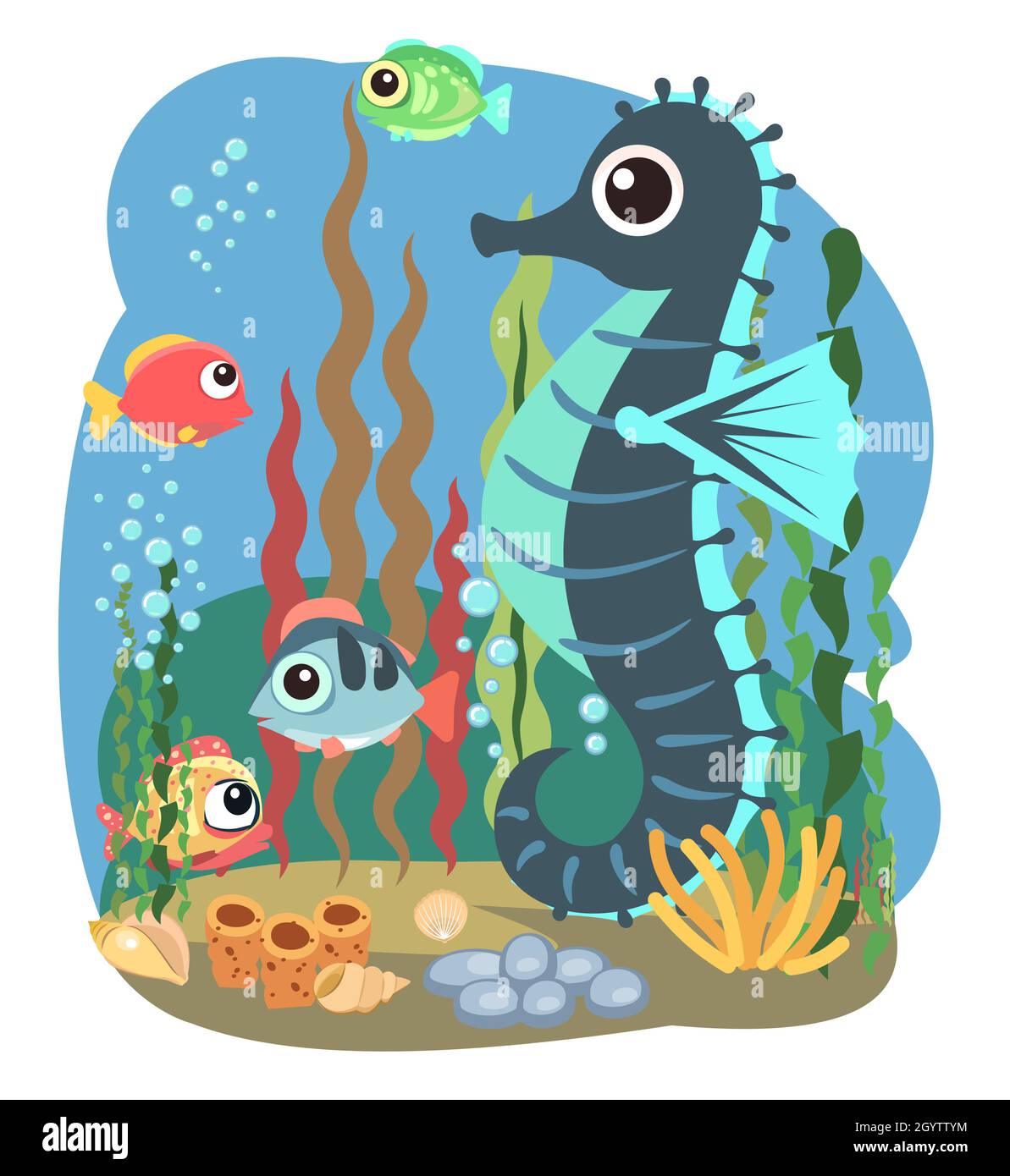 Sea Horse. Kleine Landschaft. Unterwasserwelt. Wilde Tiere. Meer, Meer. Sommerwasser. Isoliert auf weißem Hintergrund. Illustration im Cartoon-Stil Stock Vektor