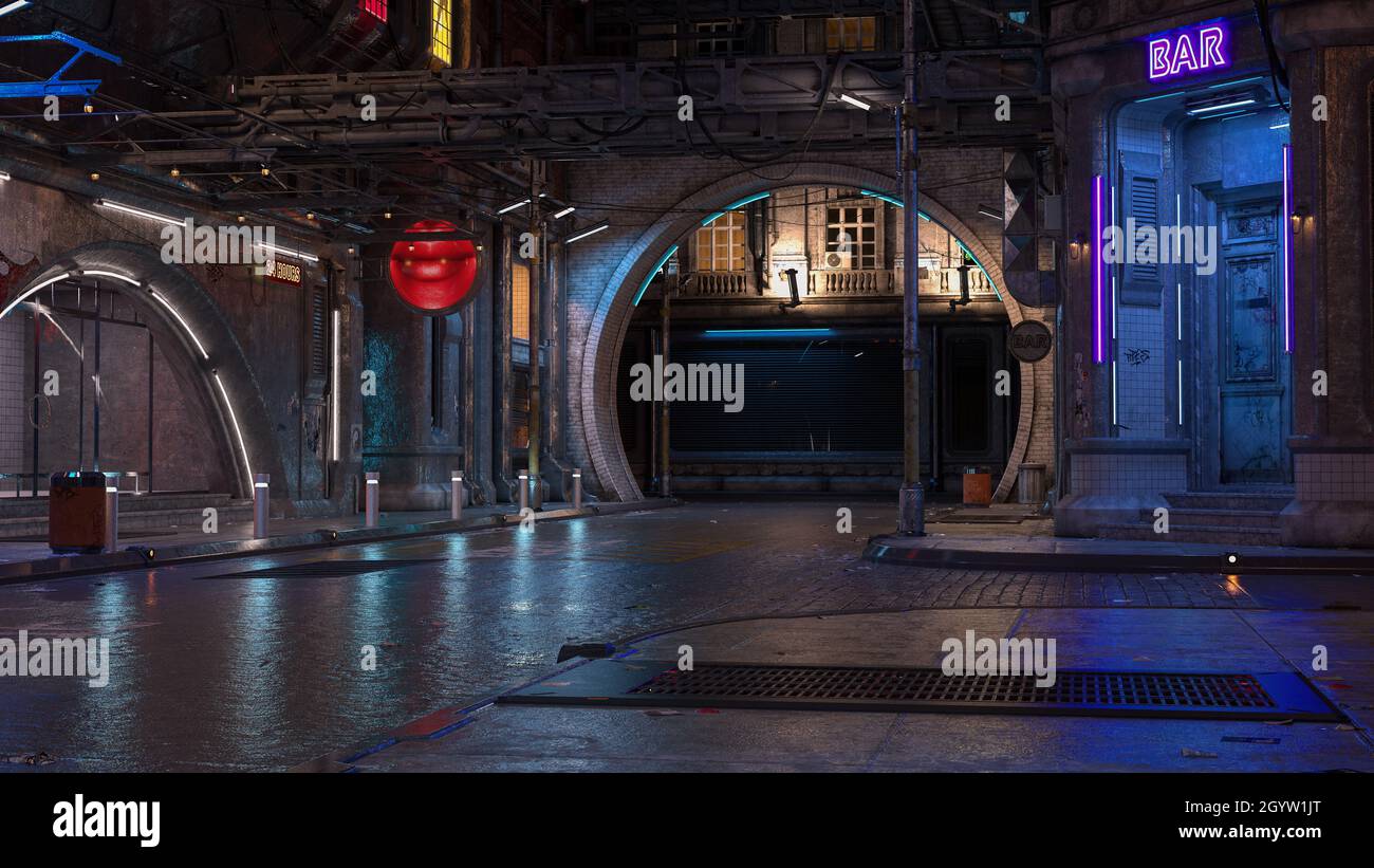 Cyberpunk Concept 3D-Illustration einer dunklen, zwielichtigen, futuristischen Stadtstraße bei Nacht. Stockfoto