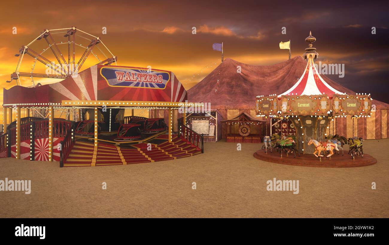 3D-Darstellung eines Karnevals-Festgeländes mit Karussell- und Waltzer-Fahrten, einem Riesenrad und einem großen Zirkuszelt im Hintergrund. Stockfoto