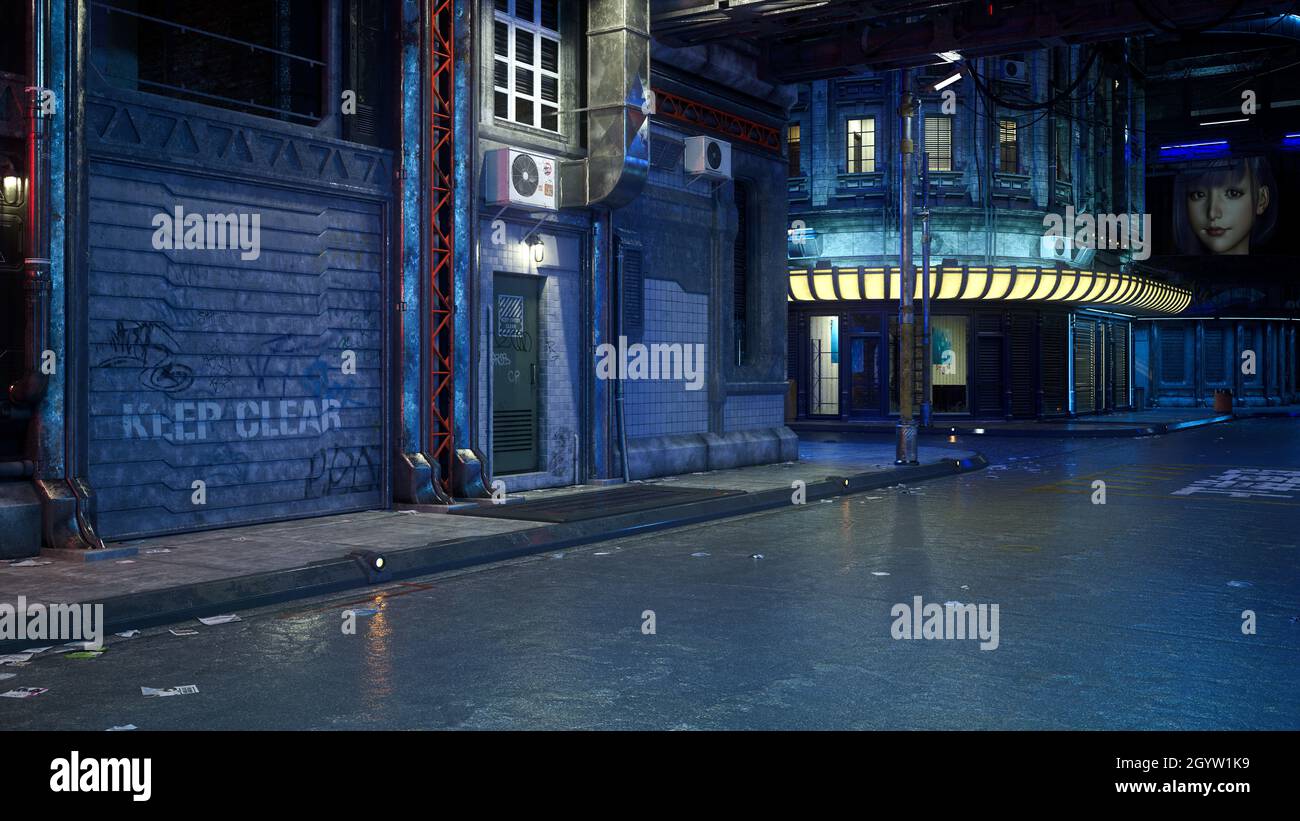 3D-Illustration einer düsteren Cyberpunk-Stadtstraße in einer dystopischen Zukunft bei Nacht. Stockfoto