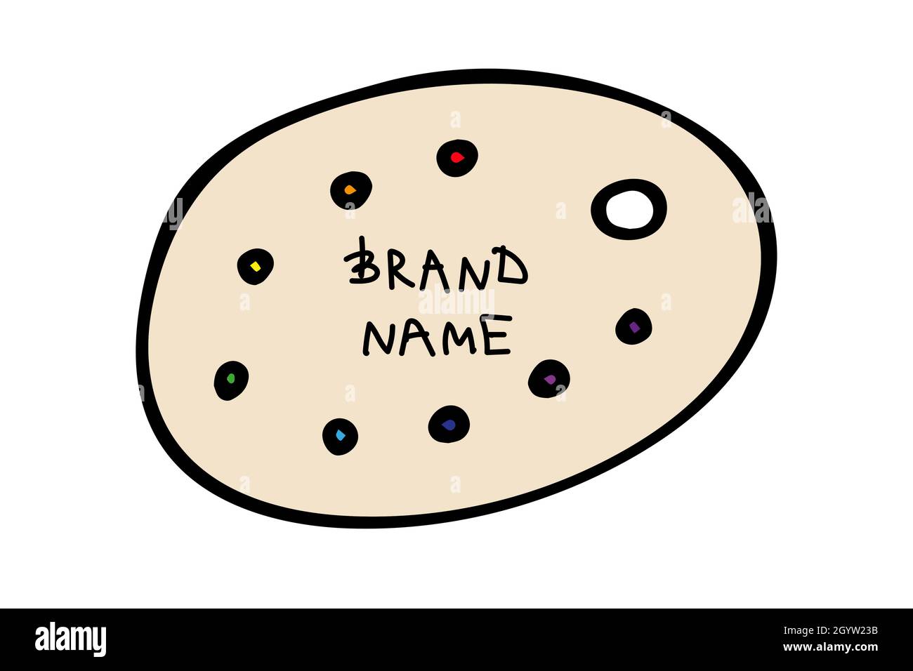 Farbige Vektordarstellung einer Palette mit Farbe in der Farbe des Regenbogens. Schriftzug Markenname. Stock Vektor