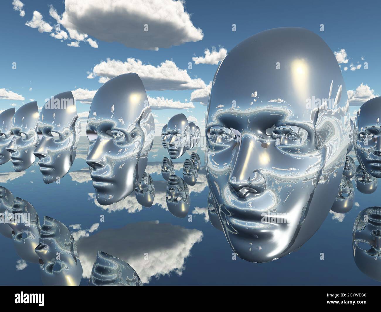Körperlose Gesichter oder Masken schweben in einer surrealen Szene. 3D-Rendering. Stockfoto