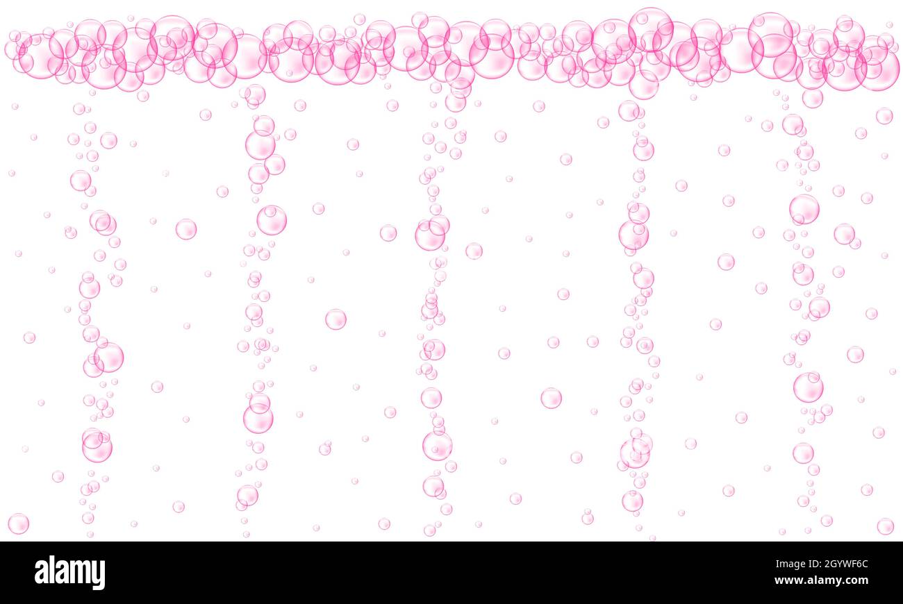 Rosafarbene Blasen strömen. Kohlensäurehaltige Textur von Getränken. Kirsch- oder Erdbeerselzer, Bier, Limonade, Cola, Limonade, Champagner, Sekt. Vektor-realistische Darstellung. Stock Vektor