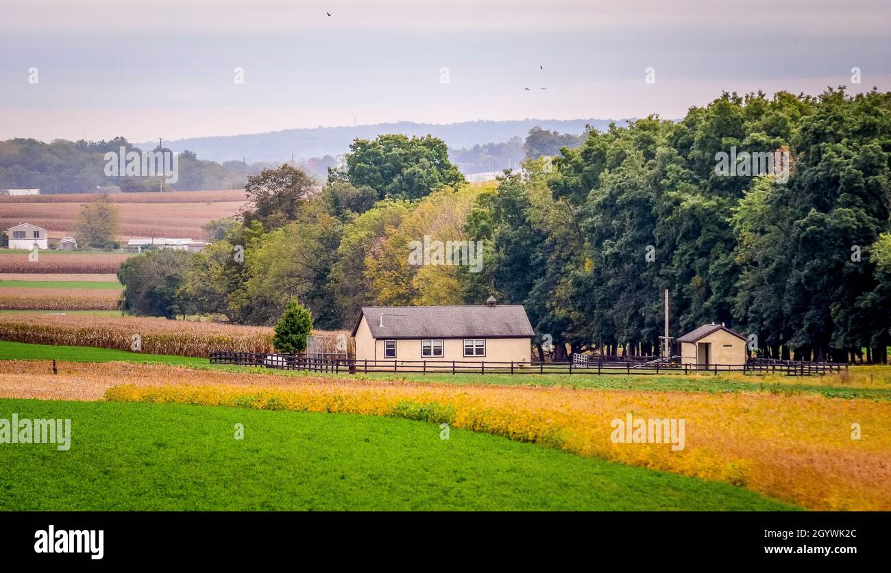Ein einzimmerliches Schulhaus in der Mitte von Amish Ackerland mit Maisfeldern, die geerntet werden sollen Stockfoto
